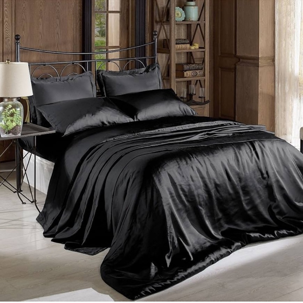High Thread Ct Solid Soft Silky Charmeuse Satin Super Soft Bed Sheet Set Black